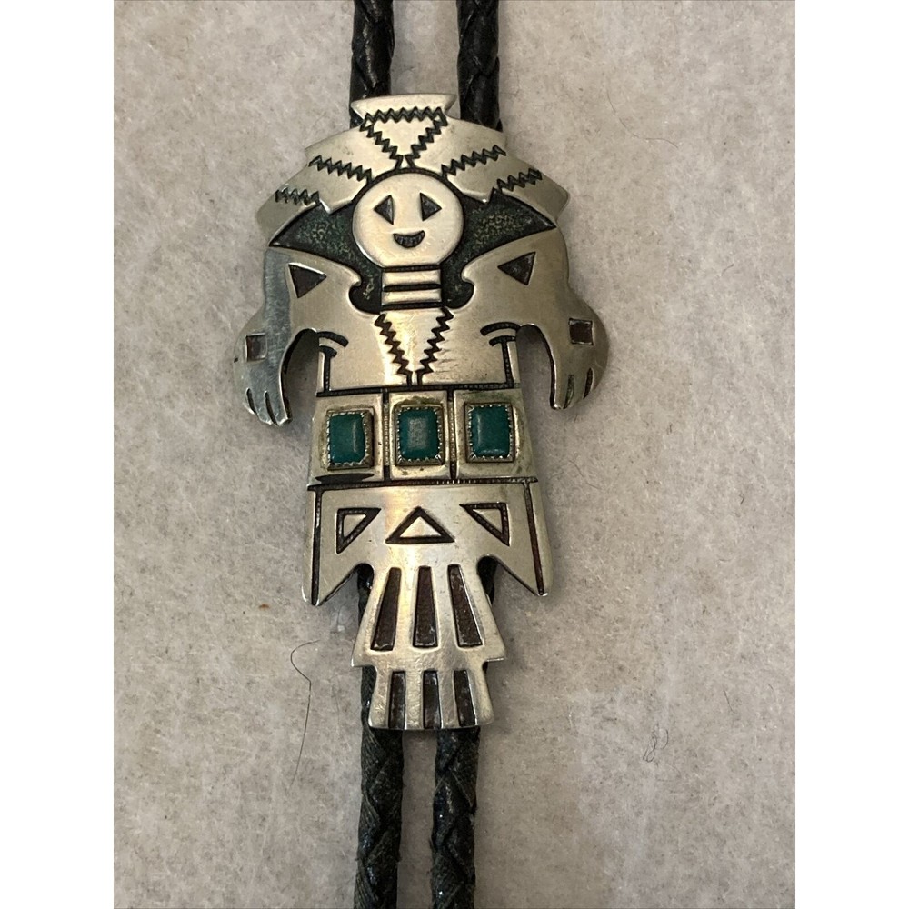 Vintage Zuni w Turquoise Stones Bolo Tie Silver Tone Flaw